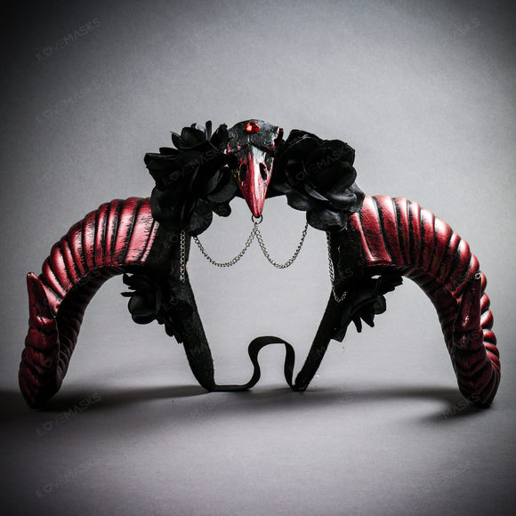 Gothic Demon Raven Skull Large Horn & Rose Headband - Black Red - Picture 1 of 4